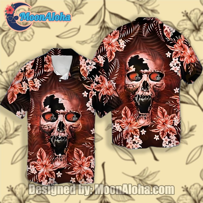 Cleveland Browns Nfl Skull Hibiscus Vintage Aloha Shirts In Classic Colors