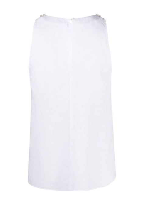 white sleeveless beaded trim-detail top featuring round neck 120% LINO | Y0W19O0-B317Y050