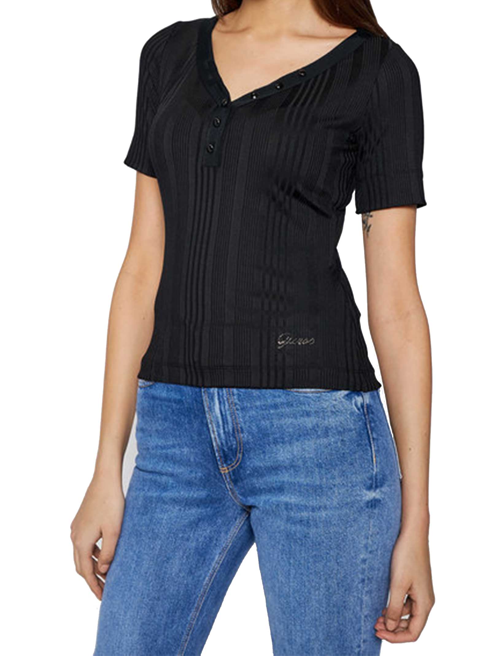 GUESS T-SHIRT DONNA SCOLLO A V SLIM FIT COLORE NERO - GUESS - PJ By Iannuzzi