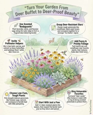 Deer-resistant perennial garden featuring lavender, coneflowers, black-eyed Susans, Russian sage, catmint, and lamb’s ear, with tips for creating a colorful, pollinator-friendly garden that discourages deer.