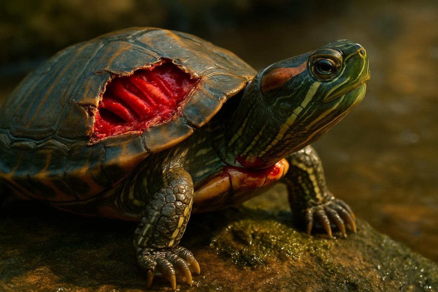 Close-up of a living turtles domed shell showing textured scute plates, with the animals head visible at the edge.