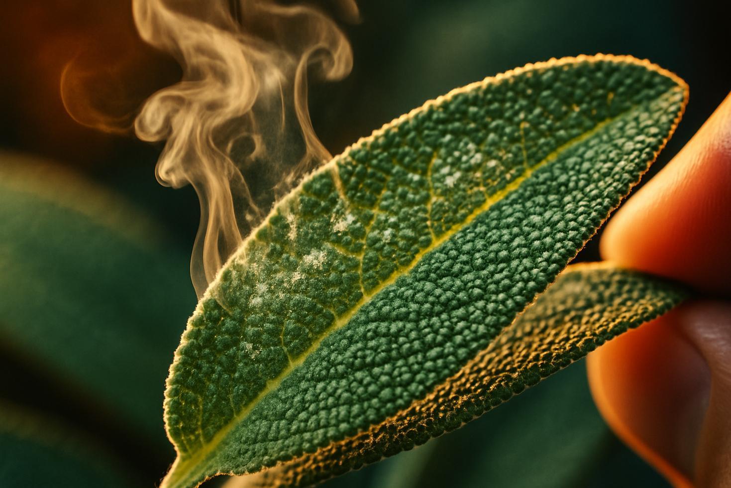 Close-up of green sage leaves with visible surface texture and glandular trichomes where essential oils are stored