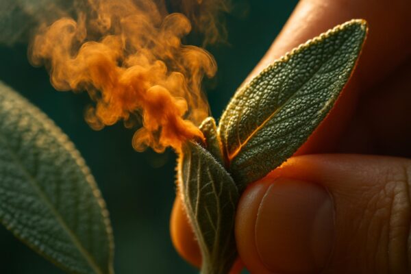 Close-up of silver-green sage leaves showing textured surface with visible oil glands, a single leaf partially crushed between fingers