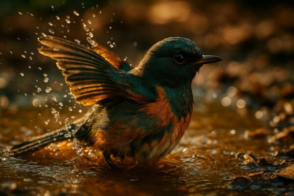 A small songbird spreads its wings mid-splash in a shallow stone birdbath surrounded by green foliage.