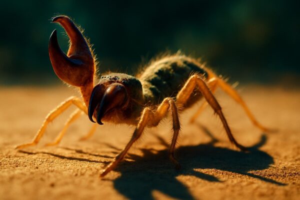 A camel spider running across pale desert sand toward a patch of shadow cast by a rock in bright sunlight.