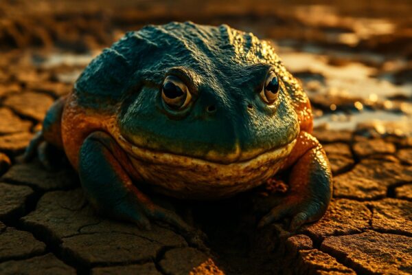 Male African bullfrog pushing through cracked mud with snout down, digging a narrow channel toward a second pool
