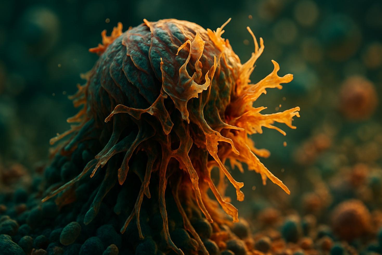Illustrated cross-section of a cancer cell with glowing RNA strands activating internal collapse pathways, healthy cells intact nearby.