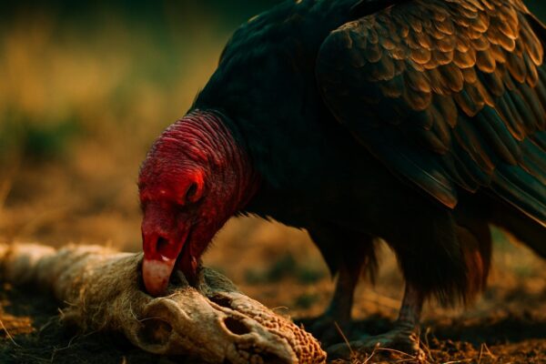 Close-up of a turkey vulture perching on a wooden post, red bare head visible, wings partially spread.
