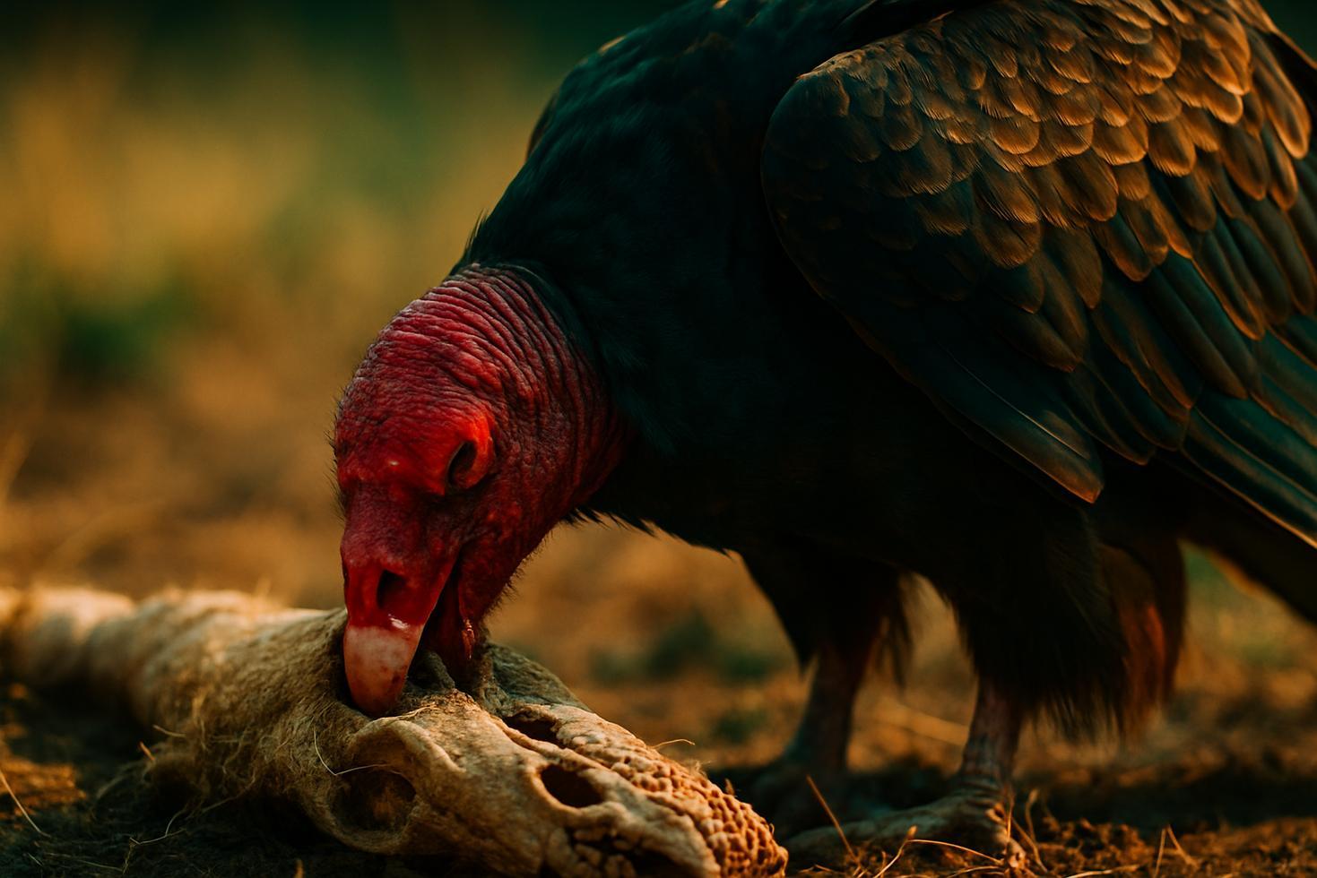 Close-up of a turkey vulture perching on a wooden post, red bare head visible, wings partially spread.