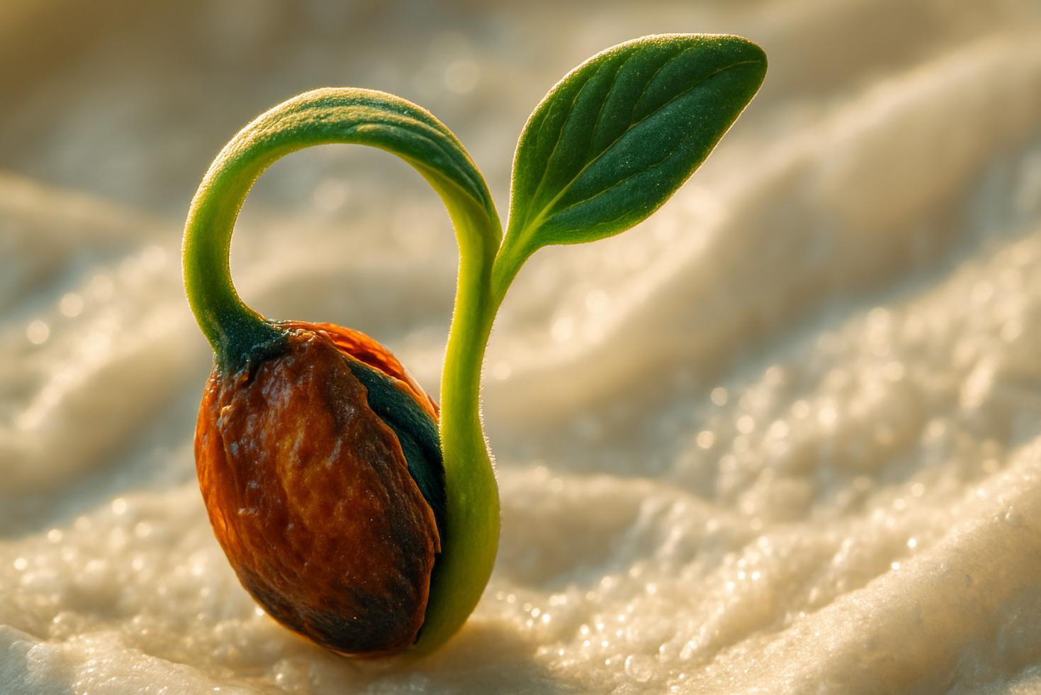 Close-up of pepper seeds on a damp paper towel beside a few sprouted seedlings with thin white roots emerging.