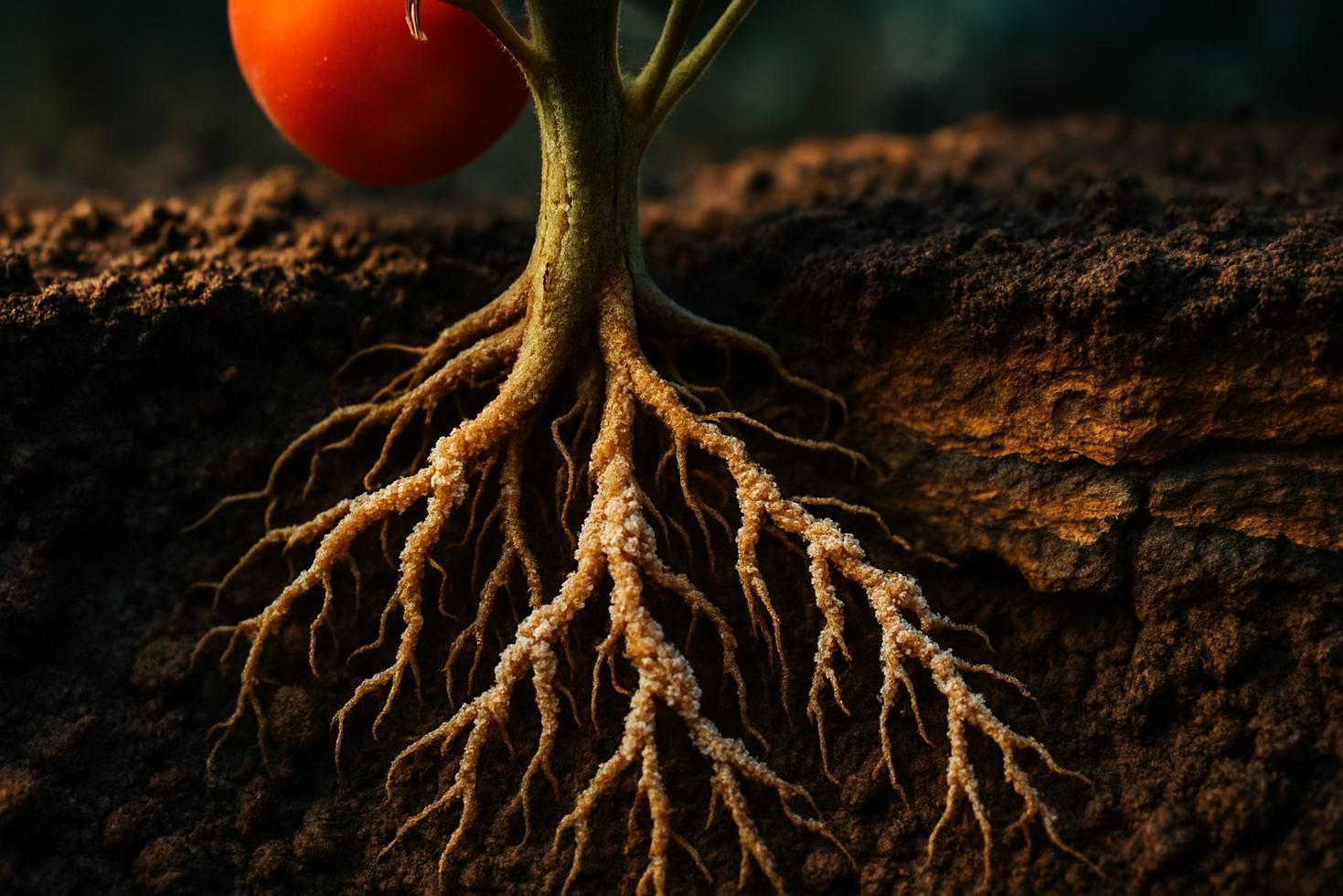 Close-up of rainwater droplets soaking into dark garden soil around green plant stems near a root zone.
