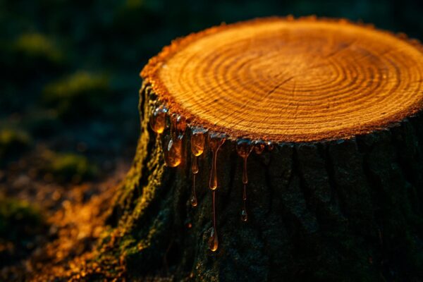 A freshly cut tree stump in a forest clearing, showing raw exposed wood grain and surrounding soil with visible roots.
