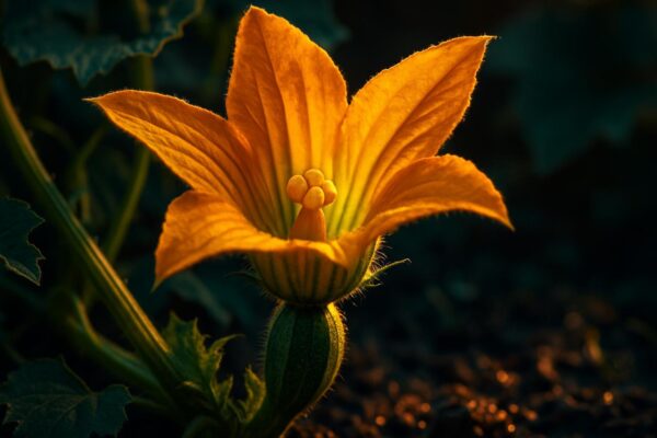 Close-up of a zucchini female flower with a swollen miniature squash at its base, beside an open male flower on a garden vine.