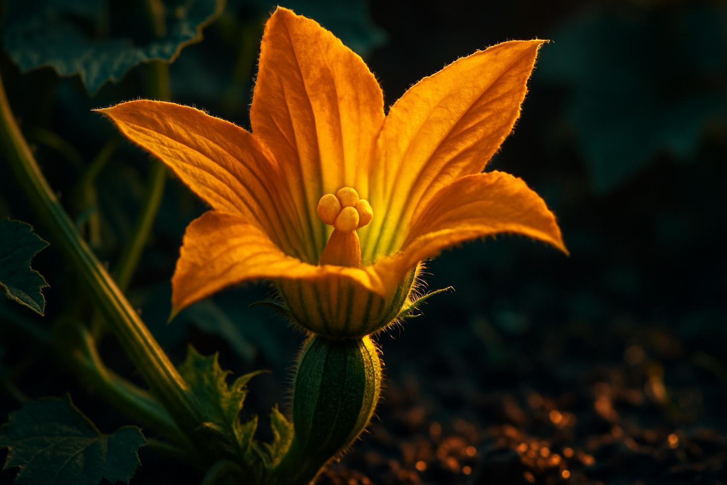 Close-up of a zucchini female flower with a swollen miniature squash at its base, beside an open male flower on a garden vine.