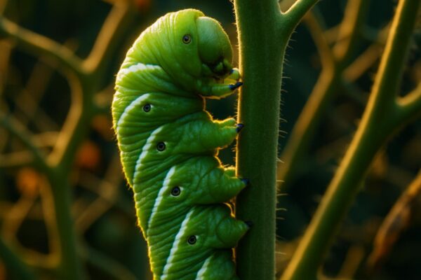 A large green tomato hornworm caterpillar pressed against the inner stem of a tomato plant, nearly invisible against the foliage.