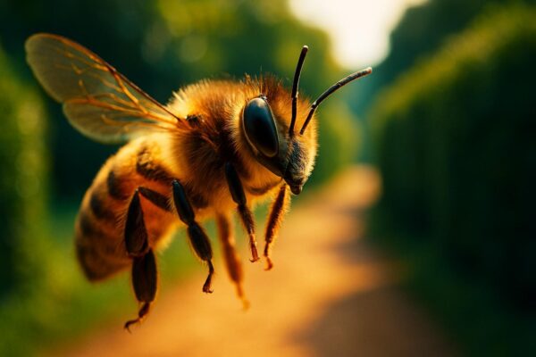 Close-up of a bee in flight near a garden flower, wings blurred, compound eyes visible against a green background.