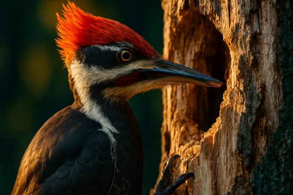 A pileated woodpecker clinging to a large dead tree trunk beside an oval cavity entrance carved into pale exposed wood.