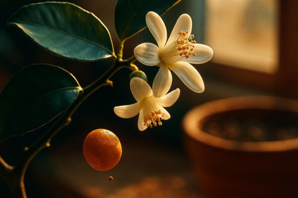 A potted Meyer lemon tree covered in white blossoms with small green fruit visible among the leaves indoors near a sunny window.