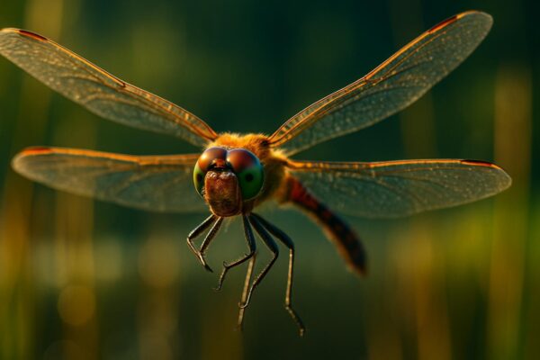 Close-up of a dragonfly in flight against a blurred green background, wings fully extended mid-stroke.