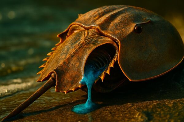 Close-up of bright blue horseshoe crab blood being drawn into a collection vial during biomedical harvesting