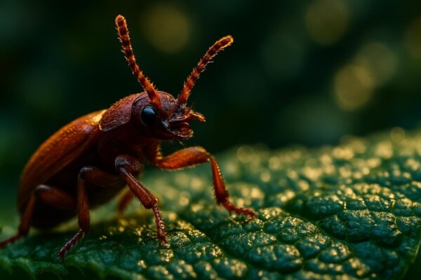 Close-up of peppermint leaves with a red flour beetle resting on a leaf surface, sharp detail on leaf texture.