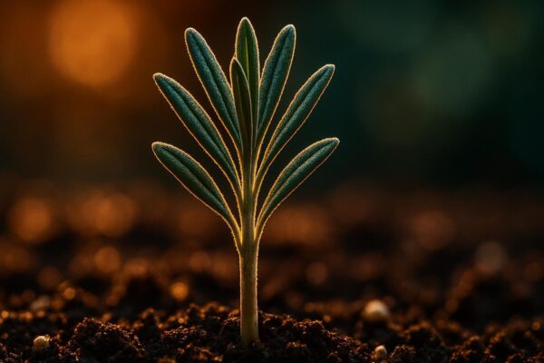 Close-up of a lavender stem cutting with small leaves inserted into moist soil, no visible roots, soft natural light.