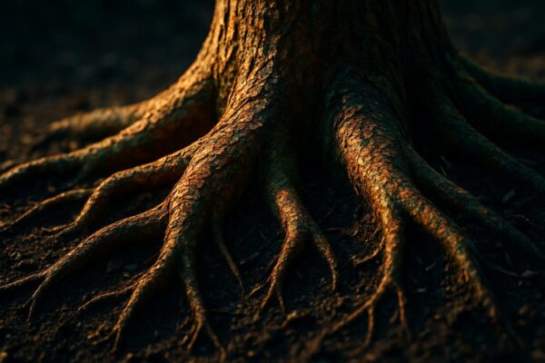 Close-up of a trees root flare at soil level showing the widened base where trunk meets lateral roots spreading outward.