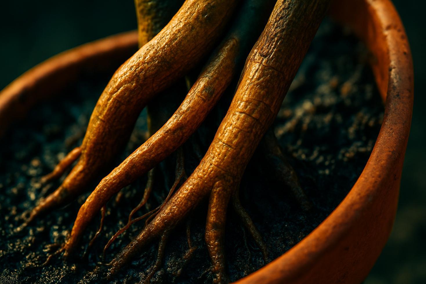 Cross-section diagram of a Meyer lemon tree in a terracotta pot showing roots, drainage hole, and surrounding soil layers.