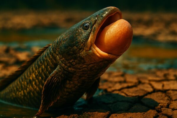 Close-up of an African lungfish resting on a muddy riverbed, showing its elongated body and fleshy paired fins.