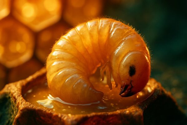 Close-up of honeybee larvae in wax cells, some swimming in royal jelly, inside a wooden hive frame.