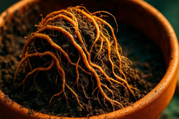 Close-up of dry, compacted peat-based potting mix pulled from a container, showing shrunken, clumped particles with visible settling.