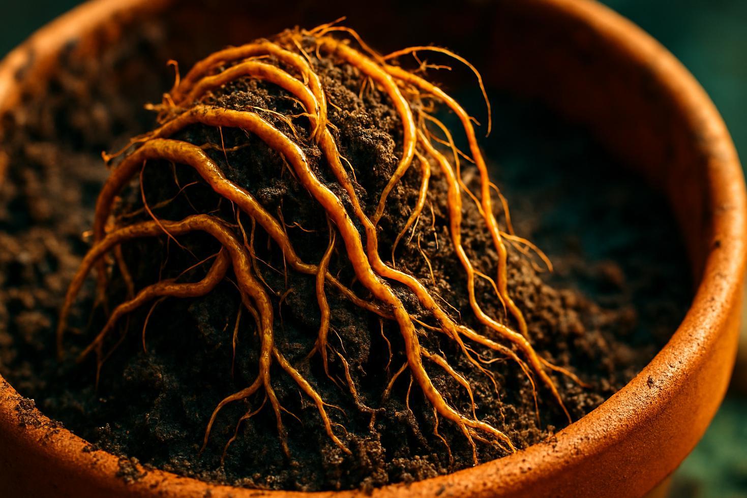 Close-up of dry, compacted peat-based potting mix pulled from a container, showing shrunken, clumped particles with visible settling.