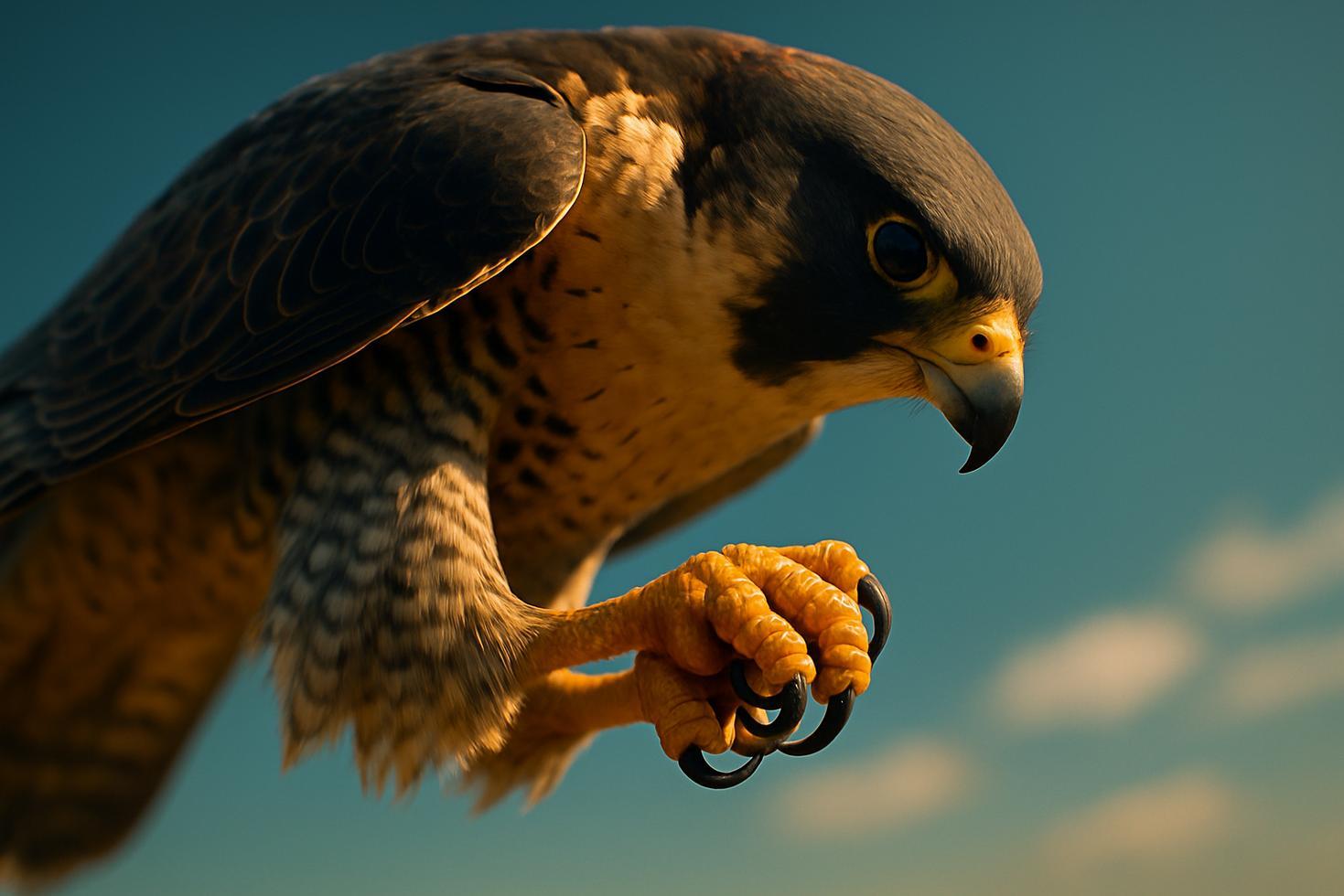 Peregrine falcon mid-stoop dive, wings tucked close to body, talons balled into a closed fist shape