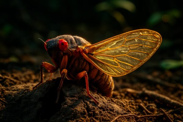 Close-up of periodical cicadas clustered on a tree branch, wings translucent, emerging in dense numbers from bark.