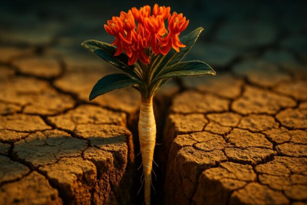 Butterfly weed with bright orange flower clusters growing in dry sandy soil, illustrating deep taproot drought adaptation.