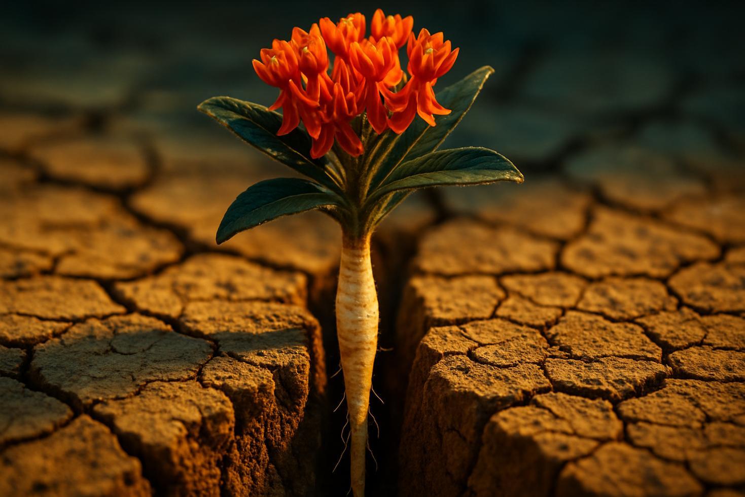 Butterfly weed with bright orange flower clusters growing in dry sandy soil, illustrating deep taproot drought adaptation.