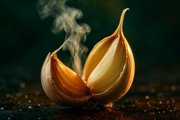 A whole garlic bulb and split cloves beside a glass jar of clear water on a wooden surface.
