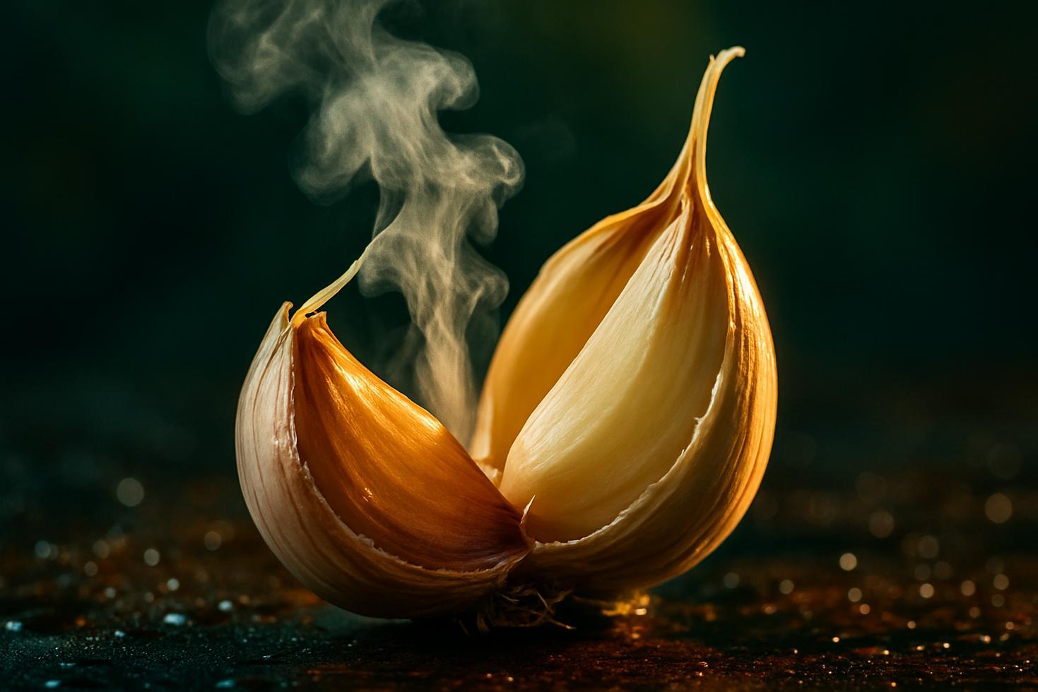 A whole garlic bulb and split cloves beside a glass jar of clear water on a wooden surface.