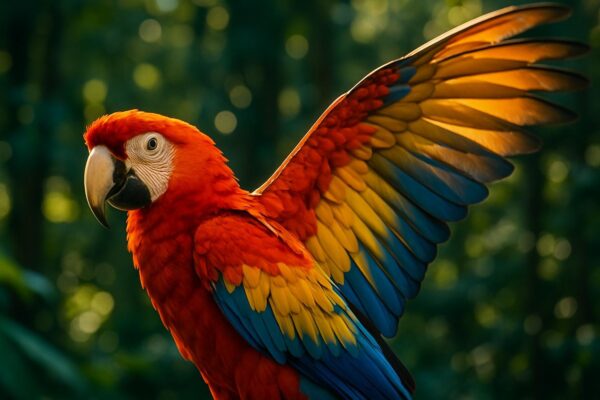Close-up of a scarlet macaw showing vivid red, yellow, and blue feathers against a green background.