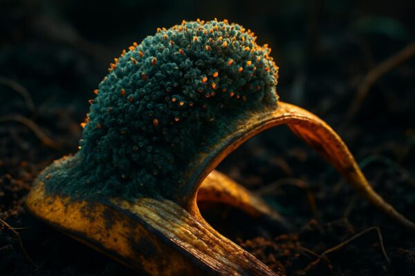 Cross-section of dark garden soil with a chopped banana peel piece surrounded by visible fungal threads and soil particles.