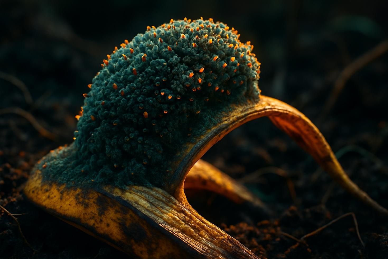 Cross-section of dark garden soil with a chopped banana peel piece surrounded by visible fungal threads and soil particles.