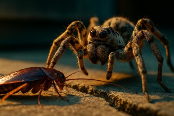 Close-up of a wolf spider on a wood floor, all eight eyes visible, body low and alert in a stalking posture.