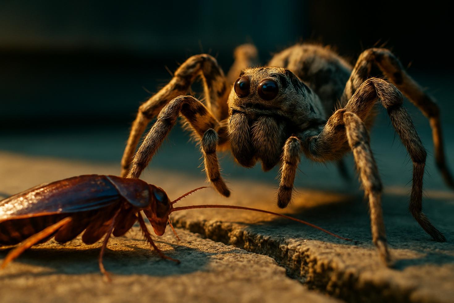 Close-up of a wolf spider on a wood floor, all eight eyes visible, body low and alert in a stalking posture.