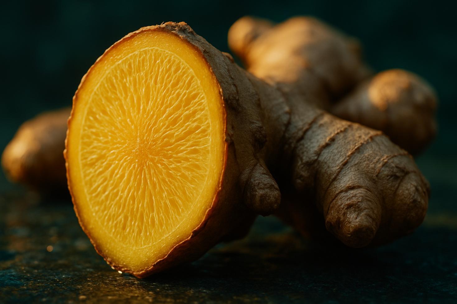 Close-up of fresh ginger root rhizomes on a wooden surface, showing knobby tan skin and one sliced cross-section revealing pale yellow flesh.