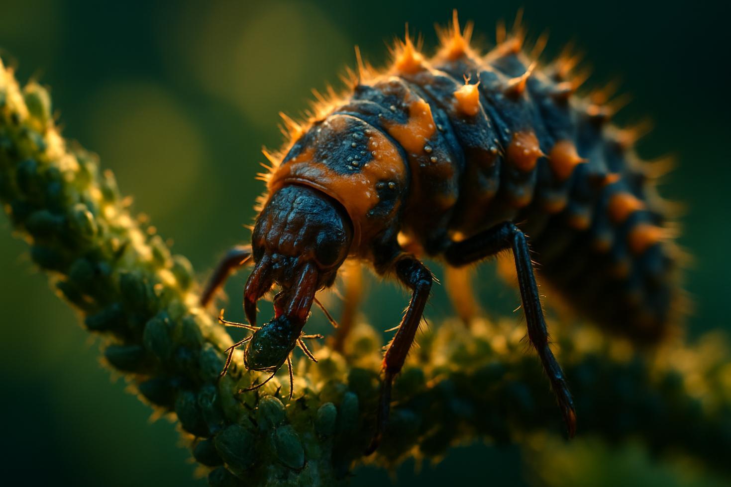 Close-up of a spotted ladybug adult and a dark spiny larva side by side on a green leaf covered in aphids.