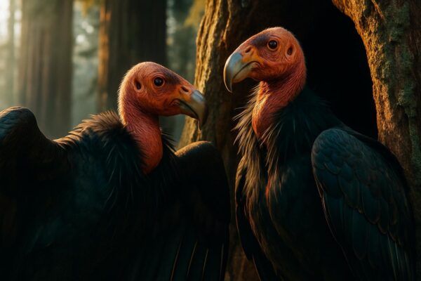 California condor with orange-tagged wings perched on a mossy redwood branch against a foggy old-growth forest backdrop.
