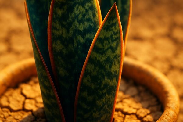 Close-up of thick, upright snake plant leaves showing waxy green and yellow-edged texture in a terracotta pot.