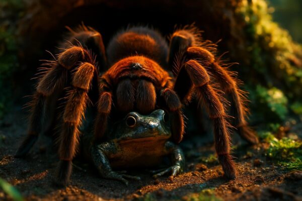 A large burrowing tarantula near the entrance of a soil burrow in a Peruvian rainforest setting, with a small frog visible nearby.