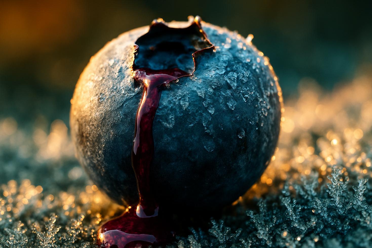 Close-up of thawed frozen blueberries showing soft, darkened skin with visible moisture and deep purple pigment pooling at the surface.