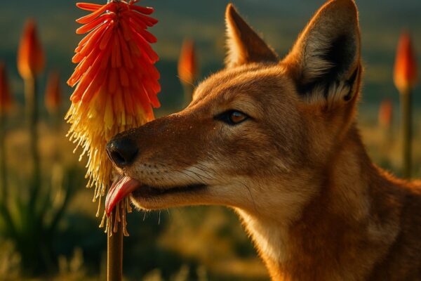 Ethiopian wolf pressing its long slender muzzle into a red Kniphofia foliosa flower spike in alpine meadow, orange pollen visible on snout